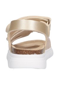 Sandalen met een beige leren bovenwerk, een kurken voetbed en een witte rubberen zool. Voorzien van twee banden en een gestructureerde afwerking.