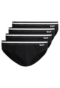 Schwarze Baumwollslips mit einem weißen gestreiften Bund. Das Paket enthält vier identische Paare, die eine einheitliche Farbe und eine glatte Textur aufweisen.