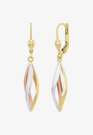 Boucles d'oreilles en métal doré et argenté avec un design tordu, présentant un accent en or rose texturé et une fermeture à bascule.