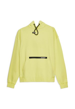 Geel hoodie met een hoge hals en koord, voorzien van een zwart label en een voorzak. Zacht, gemêleerd materiaal met een oversized pasvorm.