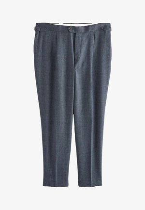 Pantaloni in misto lana di colore grigio scuro con un delicato motivo a spina di pesce, dotati di chiusura con bottone e vita plissettata. Design a gamba affusolata.