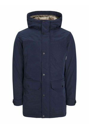 Mørkeblå hættejakke til vinter med knapper foran, to brystlommer, to klaffelommer og justerbare ærmekanter.