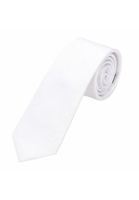 White tie with a textured finish, narrow design, and a pointed tip. Rolled neatly for storage, featuring subtle pattern details.