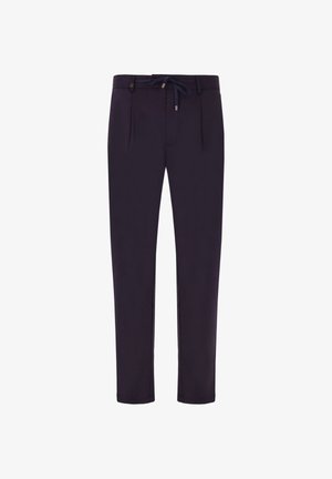 Pantaloni blu navy realizzati in tessuto morbido, con vita regolabile con cordoncino, due tasche frontali e design a gamba affusolata. Semplici e in tinta unita.