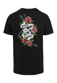 Black cotton t-shirt featuring a graphic of revolvers, roses, and a banner reading "For the Family," with barbed wire accents.