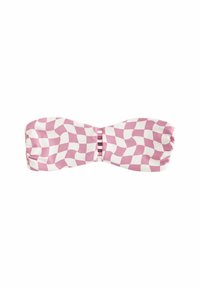 Bikinitopp med en off-shoulder-design, med ett rosa och vitt rutmönster. Tillverkad av mjukt tyg med en skräddad textur och sidoaccenter.