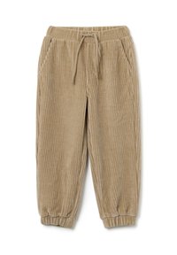 Bruine corduroy broek met verticale strepen, elastische tailleband met koord, zijzakken en taps toelopende manchetten. Zachte textuur en casual ontwerp.