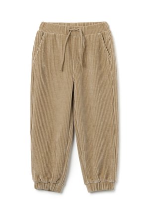 Bruine corduroy broek met verticale strepen, elastische tailleband met koord, zijzakken en taps toelopende manchetten. Zachte textuur en casual ontwerp.