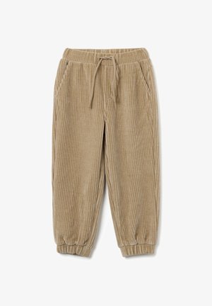 Bruine corduroy broek met verticale strepen, elastische tailleband met koord, zijzakken en taps toelopende manchetten. Zachte textuur en casual ontwerp.