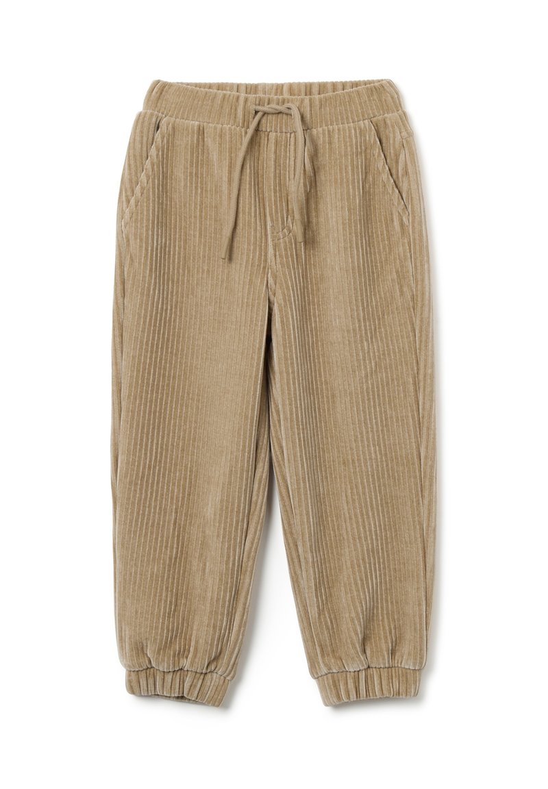 Bruine corduroy broek met verticale strepen, elastische tailleband met koord, zijzakken en taps toelopende manchetten. Zachte textuur en casual ontwerp.