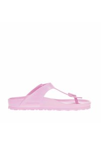 Infradito rosa con un design minimalista, realizzato in materiale flessibile, dotato di una suola testurizzata e di un cinturino tra le dita. Logo del marchio visibile.