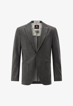 Gray textured blazer with two front pockets, single button closure, and notch lapels. Interior features a patterned lining.