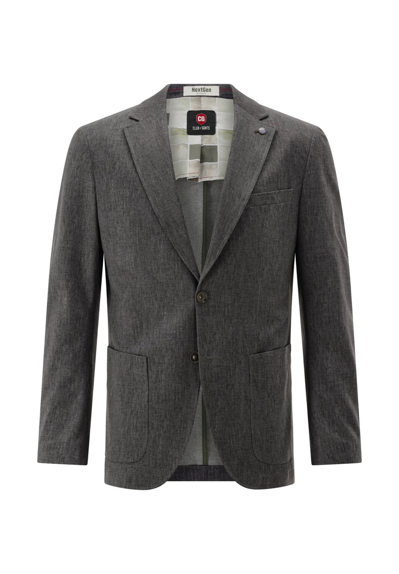 Gray textured blazer with two front pockets, single button closure, and notch lapels. Interior features a patterned lining.