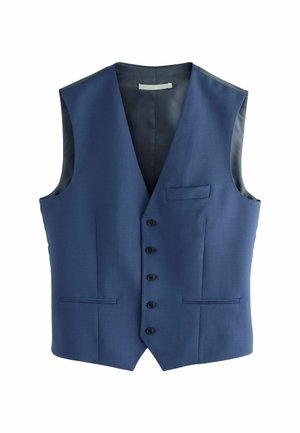 Tamsiai mėlynas be rankovių liemenė su V formos iškirpte, šešiais juodais mygtukais, dviem priekinėmis kišenėmis ir lygia satino pamušalu.