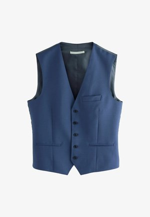 Tamsiai mėlynas be rankovių liemenė su V formos iškirpte, šešiais juodais mygtukais, dviem priekinėmis kišenėmis ir lygia satino pamušalu.