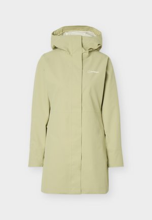 Impermeable con capucha de color verde claro, mangas largas y cremallera frontal oculta por una solapa, hasta la altura de la rodilla.