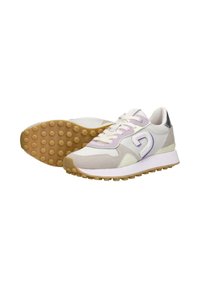White and gray sneakers with purple accents, textured suede and mesh upper, thick rubber outsole with circular grip pattern.