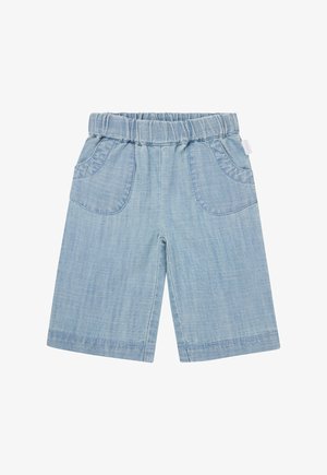 Light blue denim shorts with an elastic waistband, featuring two front pockets and a straight cut. Smooth texture with subtle stitching details.