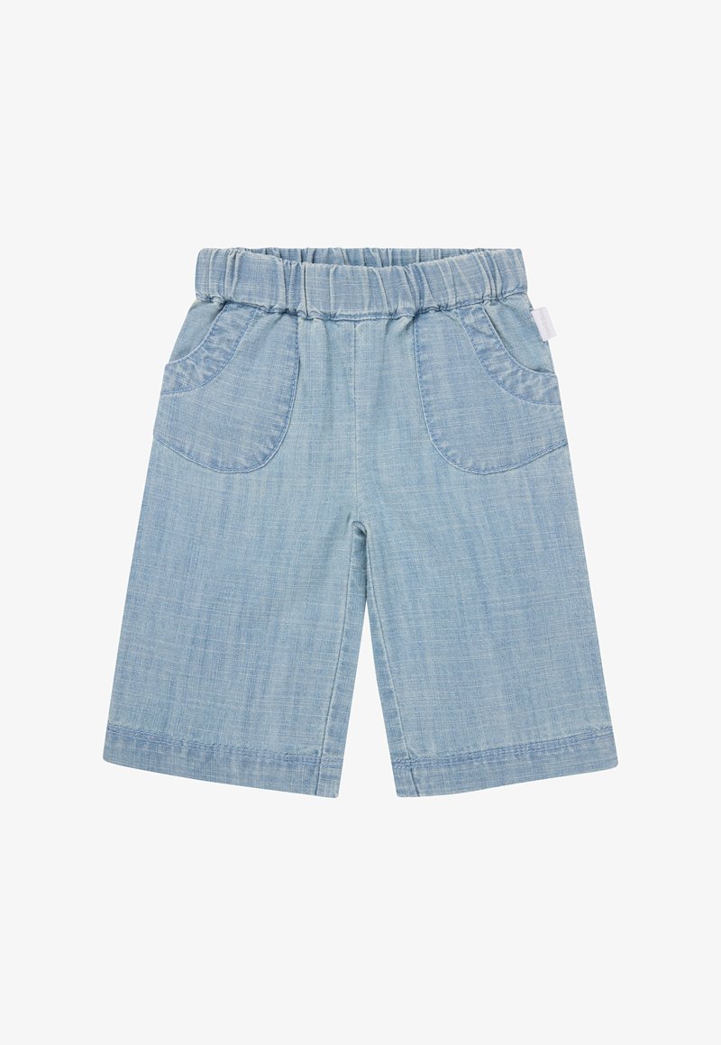 Lichtblauwe denimshorts met een elastische tailleband, voorzien van twee voorzakken en een rechte snit. Glad textuur met subtiele stikdetails.