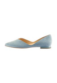 Blue suede flats with a pointed toe, low transparent heel, and a smooth interior. Features a sleek design with a curved topline.