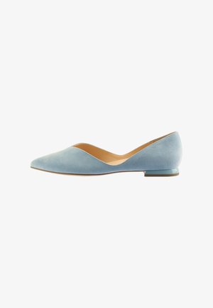 Blue suede flats with a pointed toe, low transparent heel, and a smooth interior. Features a sleek design with a curved topline.