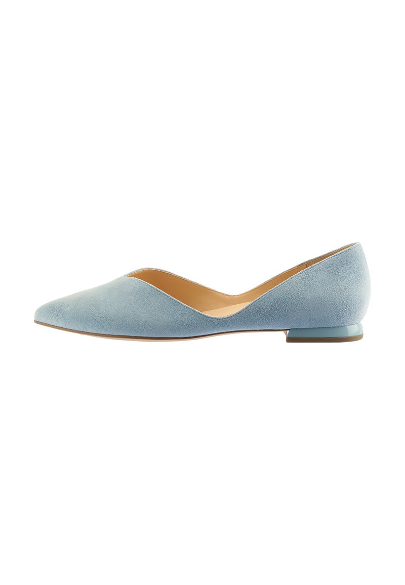 Blue suede flats with a pointed toe, low transparent heel, and a smooth interior. Features a sleek design with a curved topline.