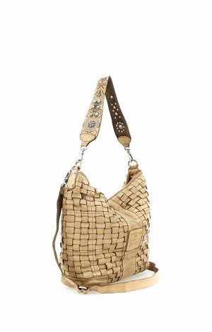 Borsa a tracolla in pelle intrecciata color cuoio con ampia tracolla ricamata e ferrature argentate.