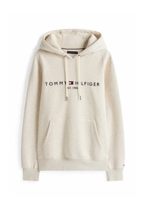 Felpa beige con cappuccio realizzata in misto cotone, dotata di tasca frontale, cordini e stampa del logo "TOMMY HILFIGER EST. 1985" sul petto.