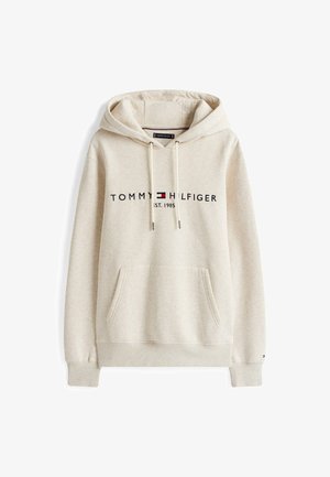 Beige hooded sweatshirt made of cotton blend, featuring a front pocket, drawstrings, and a logo print "TOMMY HILFIGER EST. 1985" on the chest.