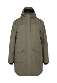 Olijfgroene, waterdichte parka met capuchon, met een sluiting aan de voorkant, twee grote voorzakken en elastische manchetten. Vloeiende textuur.
