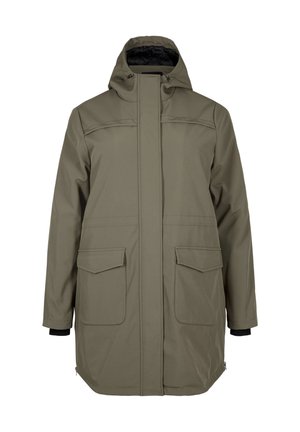 Parka de color verde oliva, impermeable, con capucha, que cuenta con un cierre frontal, dos grandes bolsillos frontales y puños elásticos. Textura suave.