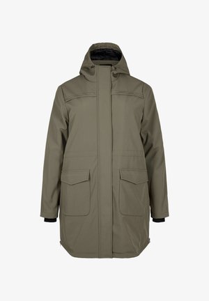 Oliivroheline, veekindel parkajakk kapuutsi ja esikinnisega, millel on kaks suurt eesmist taskut ja elastsed varrukaotsad. Siledat tekstuuri.