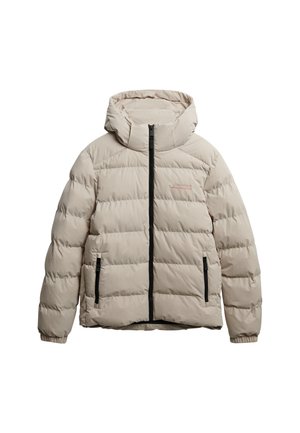 Beige pufferjack met een capuchon, uitgerust met een rits aan de voorkant, zwarte accenten, een gequiltde textuur en twee zijzakken.