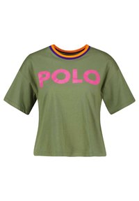 Olive green cotton t-shirt with short sleeves, featuring large pink "POLO" text and layered multicolored ribbed neckline accents.