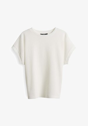 Top bianco leggero a maniche corte con superficie testurizzata e scollatura arrotondata, caratterizzato da una vestibilità comoda e un design informale.