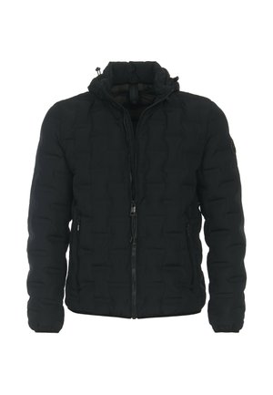 Czarna kurtka puchowa z zapięciem na zamek, pikowany design i kaptur ze sznurkiem; posiada dwie boczne kieszenie oraz naszywkę z logo na rękawie.
