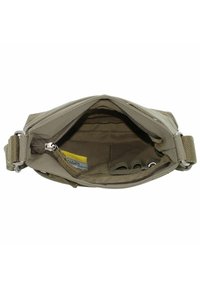 Borsa a tracolla kaki con zip superiore, scomparti interni e rivestimento imbottito. Dotata di tracolla regolabile e dettagli in metallo argentato.