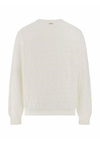 Maglione bianco lavorato a maglia con motivo a diamante texturizzato, scollo rotondo e polsini e orlo a coste. Vista posteriore.