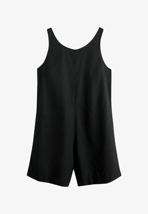 Čierny overal bez rukávov so širokými ramennými popruhmi a voľným strihom, s krátkymi nohavicami a detailom stredového švu.