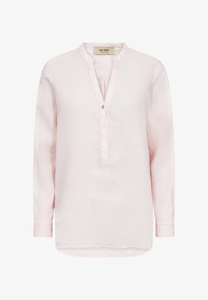 Hellrosa langärmlige Bluse mit Stehkragen, teilweiser Knopfleiste und legerer Passform.