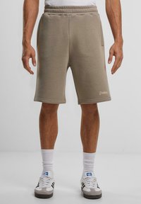Beige sweatshorts laget av mykt stoff, med avslappet passform, sidelommer og en subtil logo-detalj på kanten.