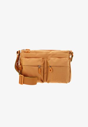 Borsa a tracolla arancione con tracolla regolabile, due tasche frontali con cerniera e finitura in tessuto strutturato.