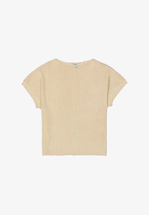 Lichtbeige gebreide t-shirt met korte mouwen, een ronde halslijn en een detail met een middennaad. Zachte textuur en een ontspannen pasvorm.