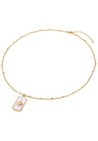 Goldkette mit einem rechteckigen Anhänger, der mit pinkem Muschelmutter eingelegt und mit einem geprägten Sternenmotiv verziert ist. Verstellbare Länge.
