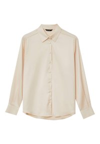 Camicia button-up in seta beige chiaro con colletto classico, maniche lunghe e bottoni frontali, caratterizzata da una leggera lucentezza e una texture liscia.