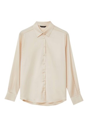Camicia button-up in seta beige chiaro con colletto classico, maniche lunghe e bottoni frontali, caratterizzata da una leggera lucentezza e una texture liscia.