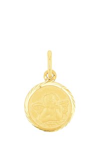 Pendente d'oro con un design di angelo inciso di forma rotonda, circondato da un bordo attorcigliato. Superficie liscia con una finitura lucidata.