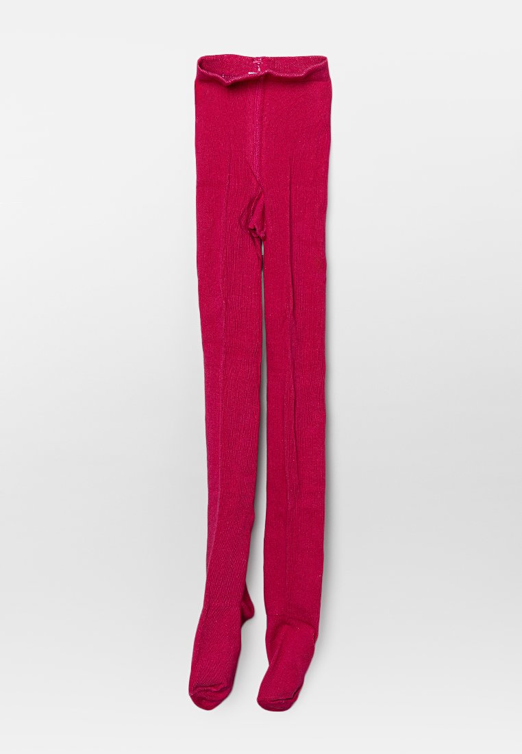 Fuchsia-kleurige panty’s met een textuurafwerking, voorzien van een brede tailleband en versterkte teenstukken, plat gelegd tegen een neutrale achtergrond.