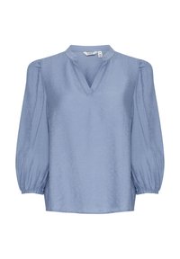 Hele halli pikkade varrukatega blouse, millel on lõdvenenud lõige, V-kaelus ja kortsustatud varrukad, et lisada tekstuuri. Pehme ja sile kangas.