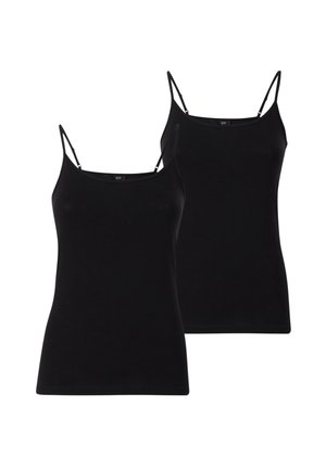 Two black camisoles with thin spaghetti straps, made of soft fabric, featuring a fitted design and a smooth texture, ideal for layering.